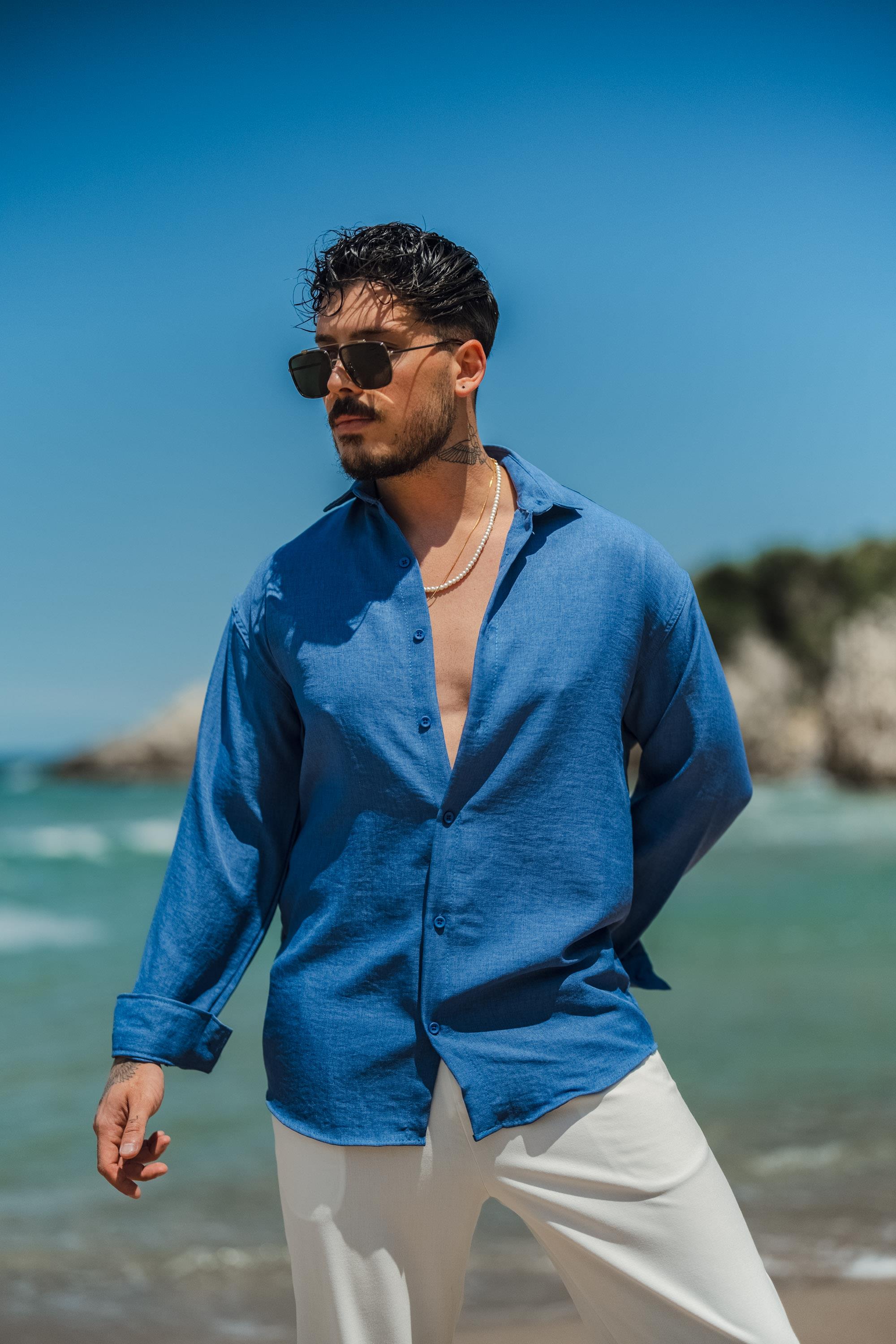 Pamuklu Oversize Gömlek Koyu Mavi