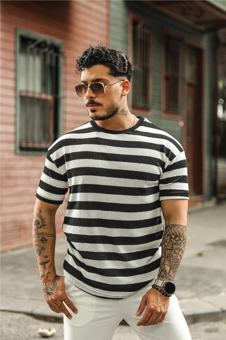 Pamuklu Şeritli T-Shirt Siyah
