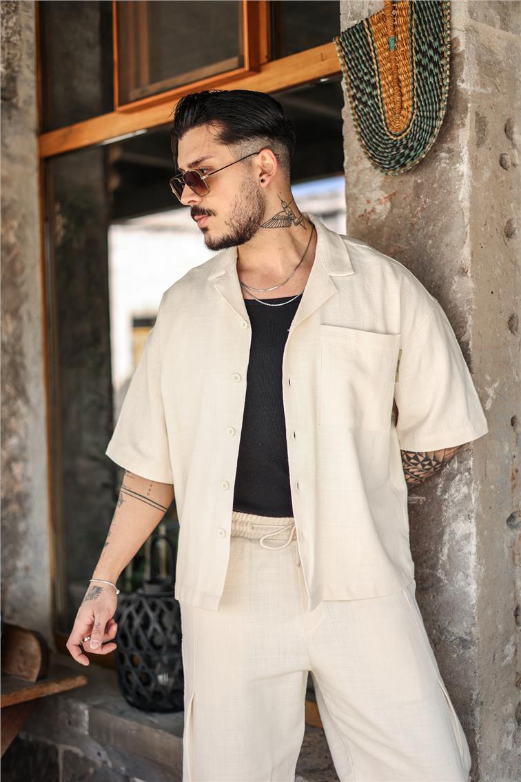 Pamuklu Tek Cepli Oversize Gömlek Ekru