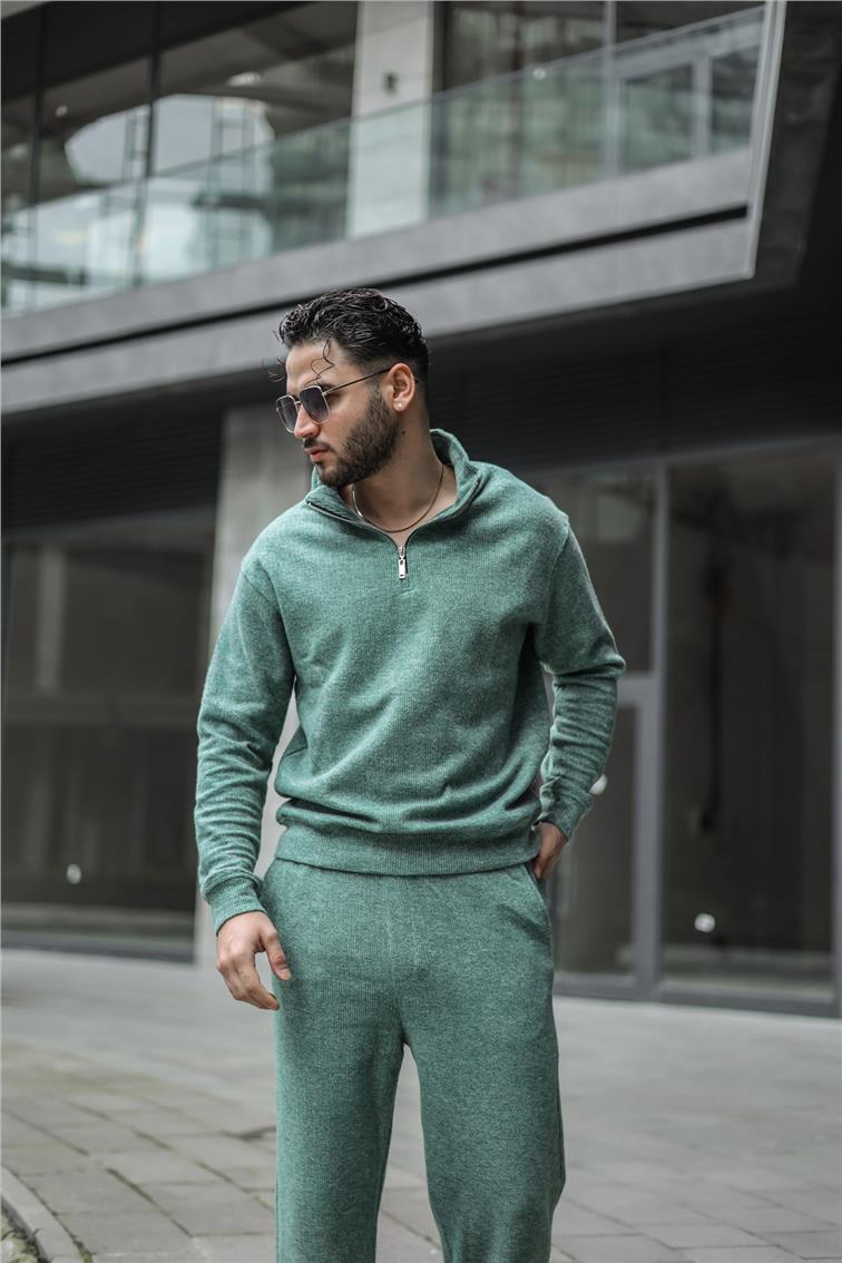 Pamuklu Yaka Fermuarlı Sweatshirt Yeşil