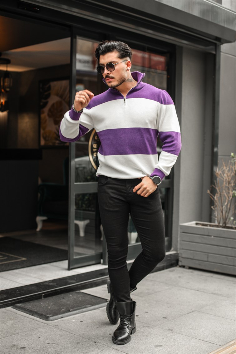 Paralel Fermuarlı Boğazlı Örme Sweatshirt