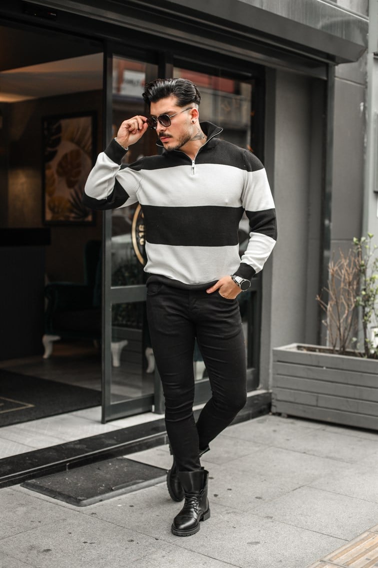Paralel Fermuarlı Boğazlı Örme Sweatshirt