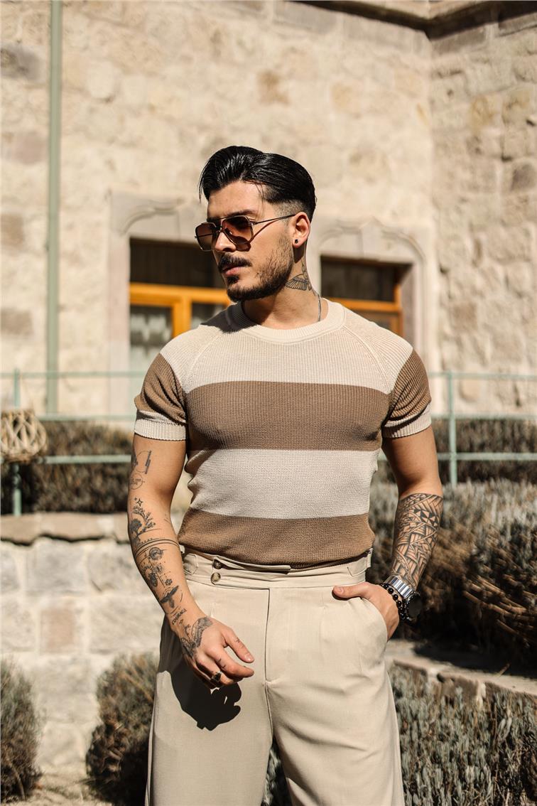 Paralel Örme Dar Kalıp Triko T-Shirt Kahve