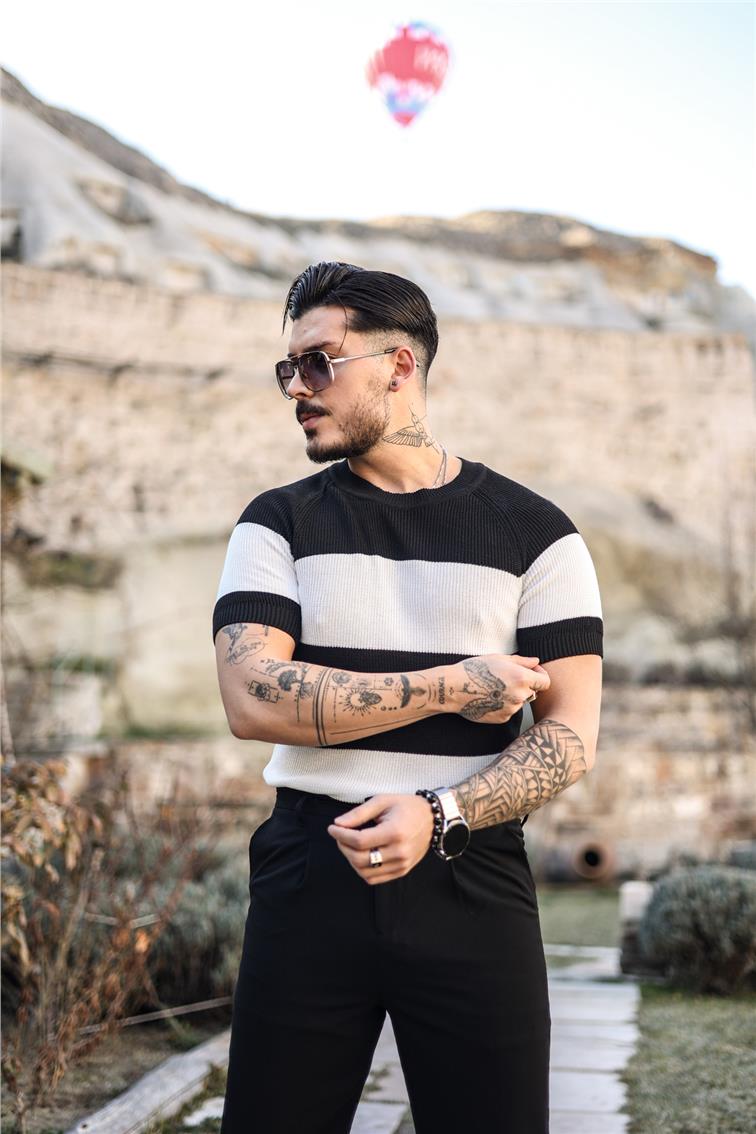 Paralel Örme Dar Kalıp Triko T-Shirt Siyah