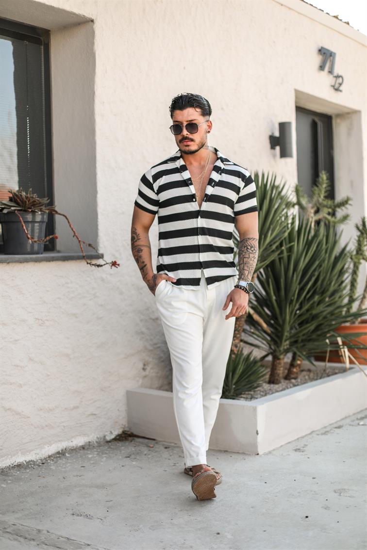 Paralel Pamuklu Örmeli Gömlek Siyah