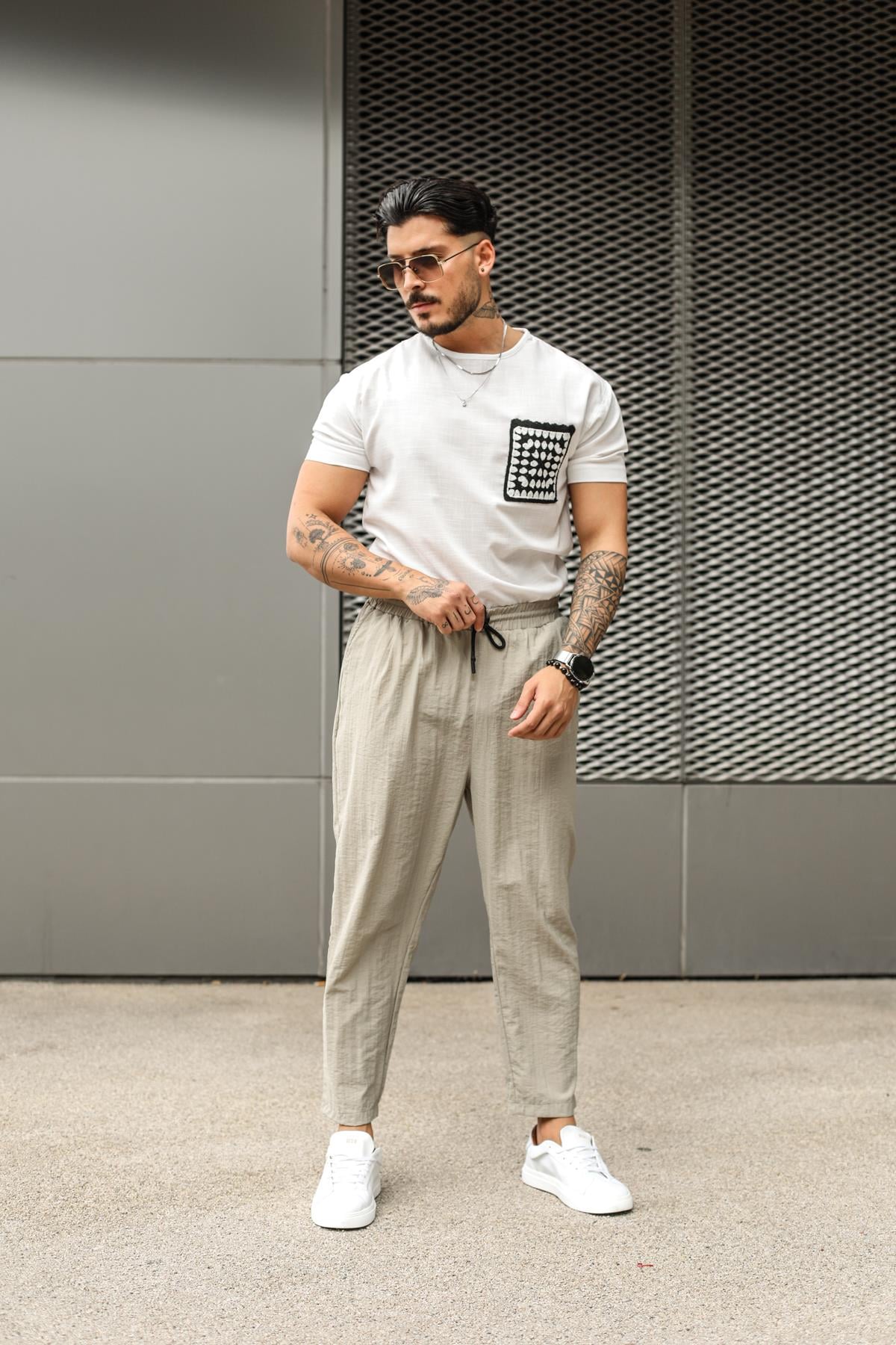 Paraşüt Kumaş Boyfriend Pantolon Açık Bej