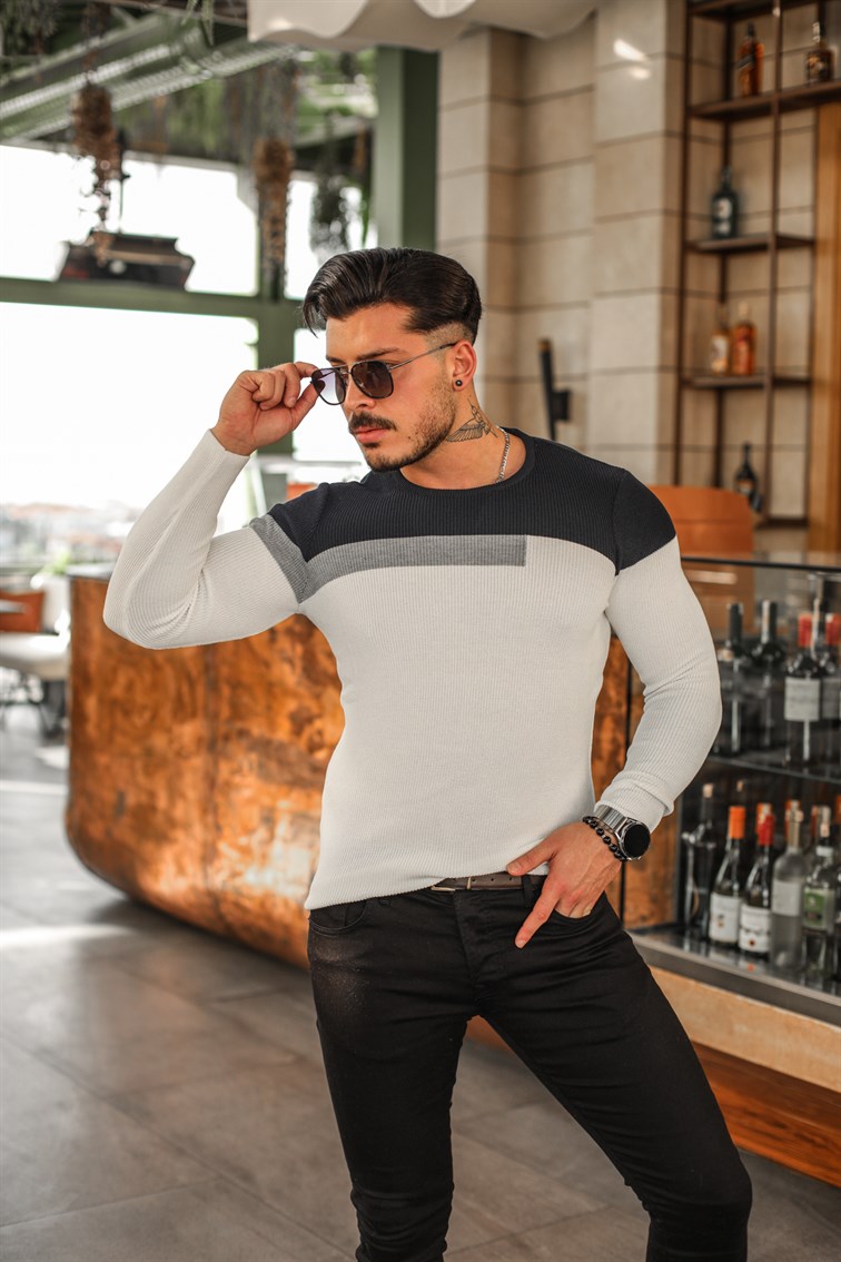 Parçalı Slim Fit Triko Kazak