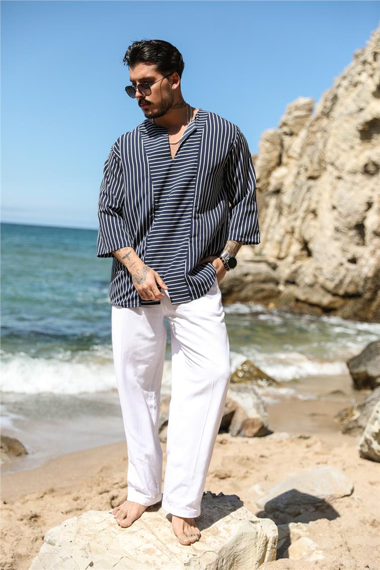 Patlı Oversize Çizgili Fakir Kol T-Shirt Lacivert