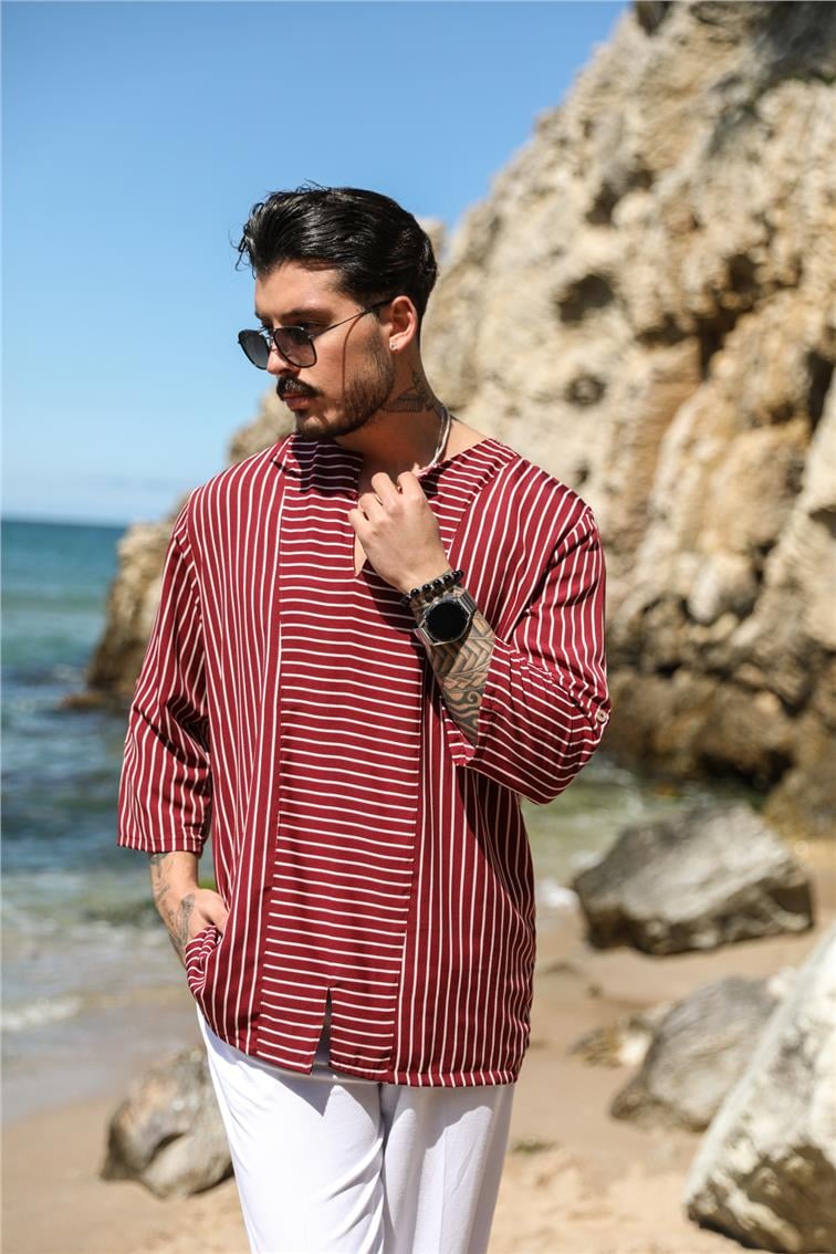 Patlı Oversize Çizgili Fakir Kol T-Shirt Bordo