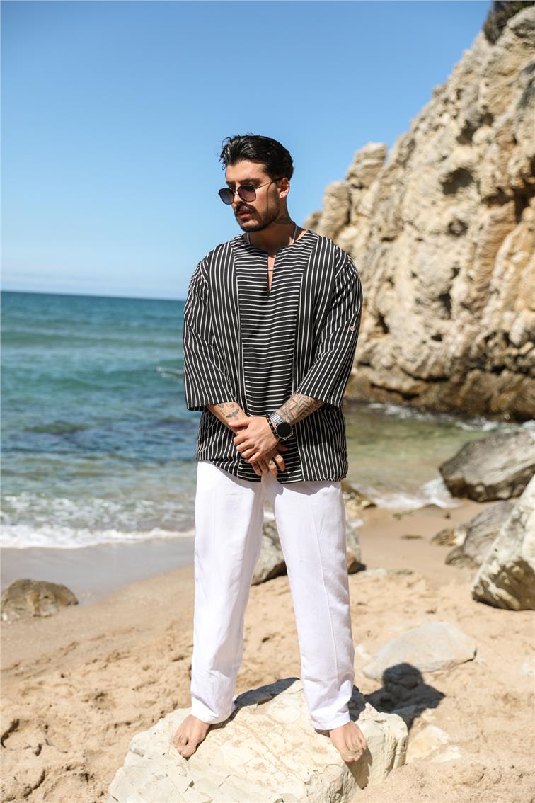 Patlı Oversize Çizgili Fakir Kol T-Shirt Siyah
