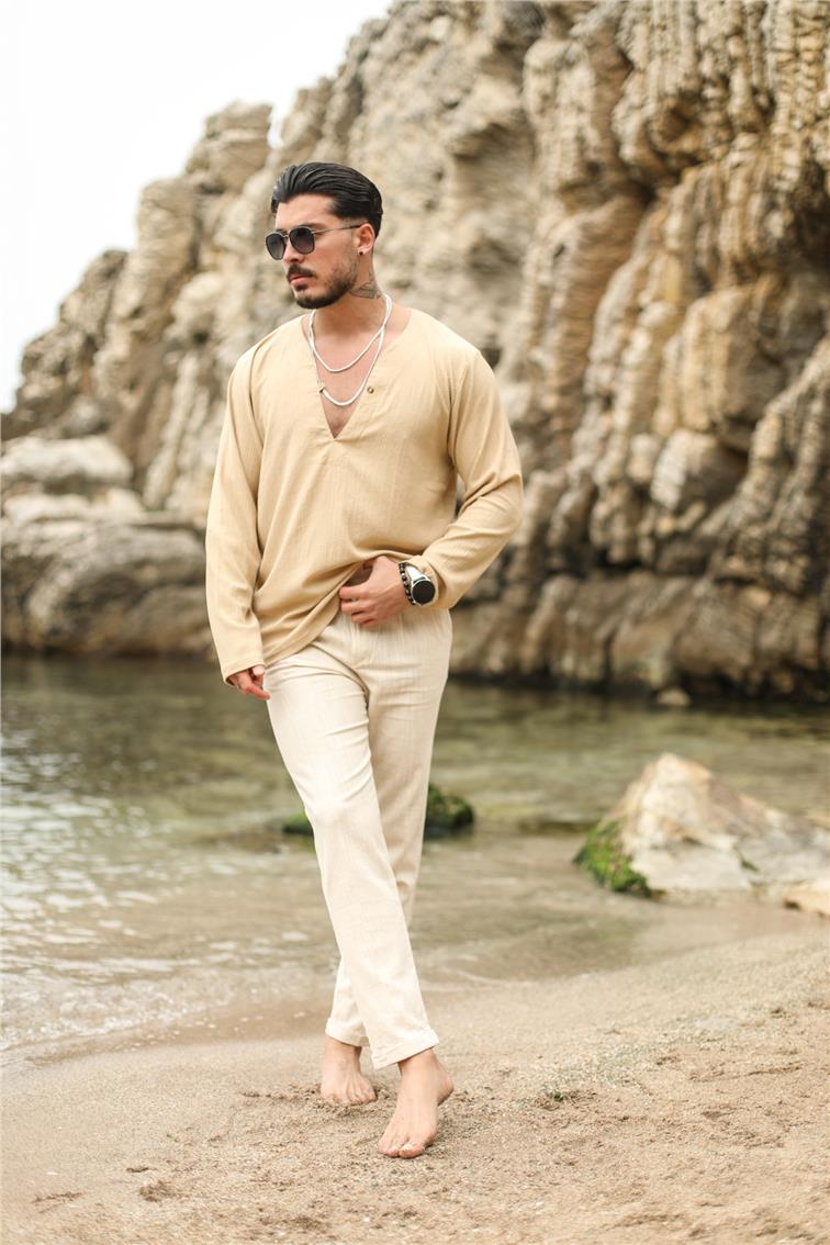 Patlı Uzun Kollu T-Shirt Bej