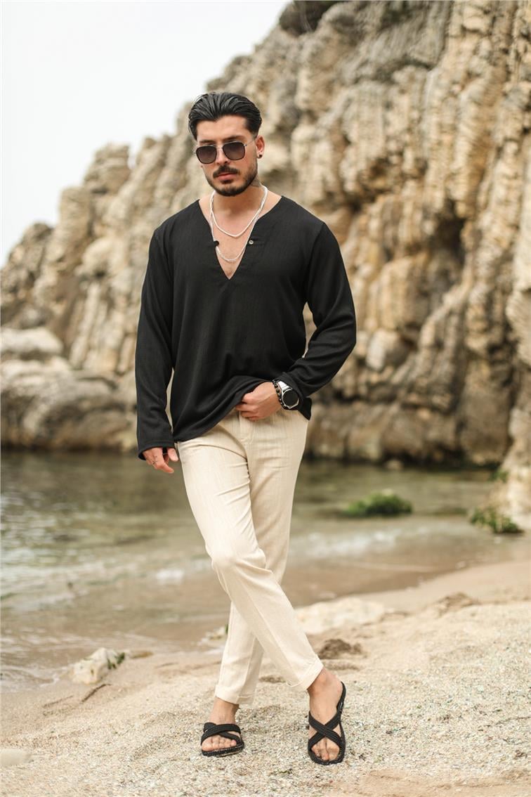 Patlı Uzun Kollu T-Shirt Siyah