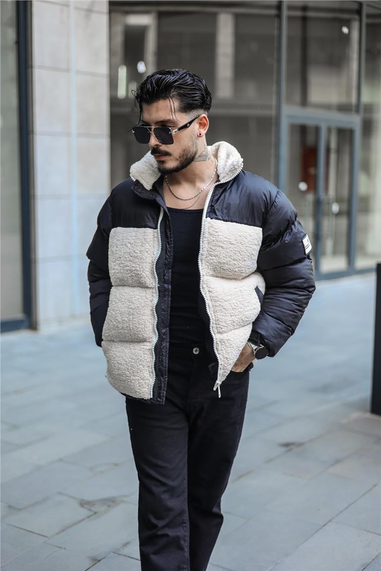 Peluş Oversize Mont Bej-Siyah