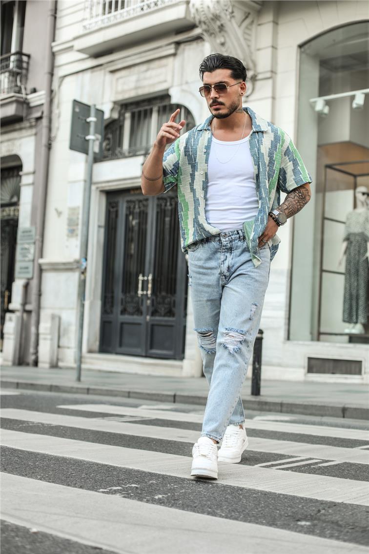 Piksek Renkli Örme Oversize Gömlek Mavi