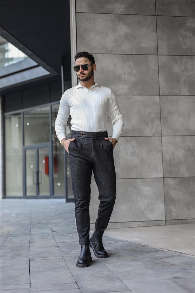 Pileli Klasik Jean Yıkamalı Gri