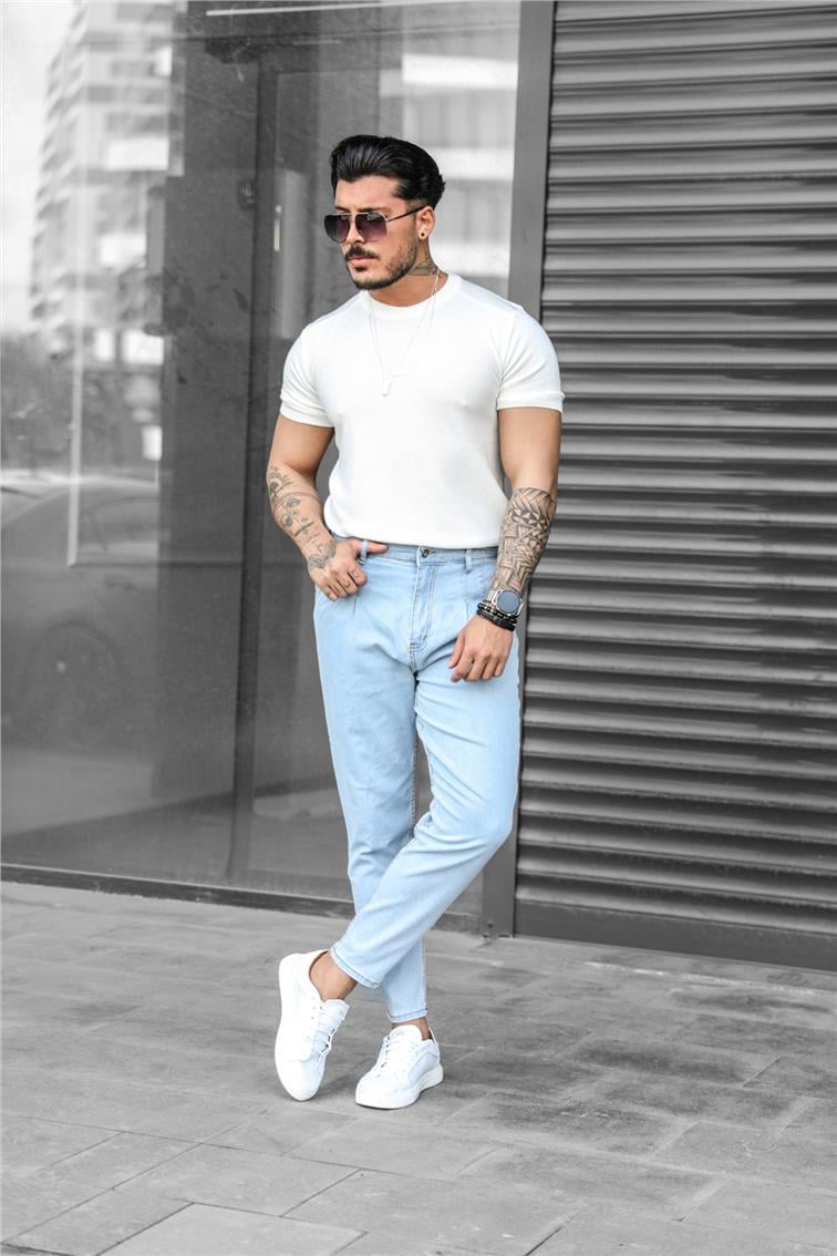 Pileli Yıkamalı Mom Jean Mavi