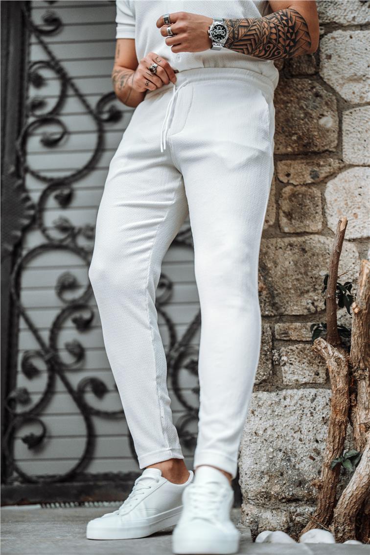 Pilili Slim Fit Eşofman Beyaz