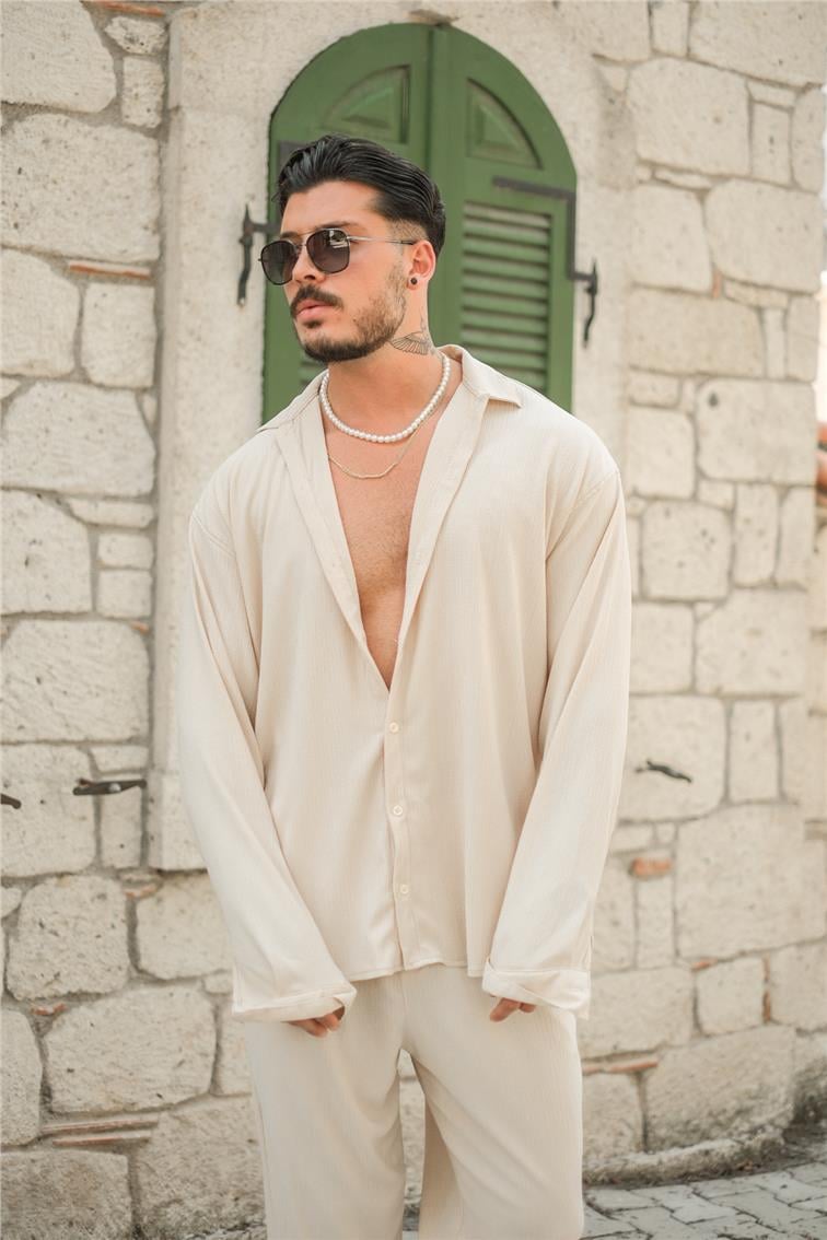 Pilili Uzun Kol Oversize Gömlek Bej
