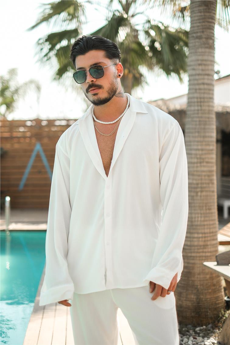 Pilili Uzun Kol Oversize Gömlek Beyaz