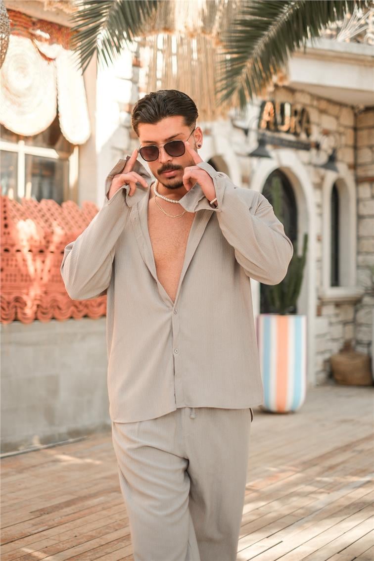 Pilili Uzun Kol Oversize Gömlek Gri