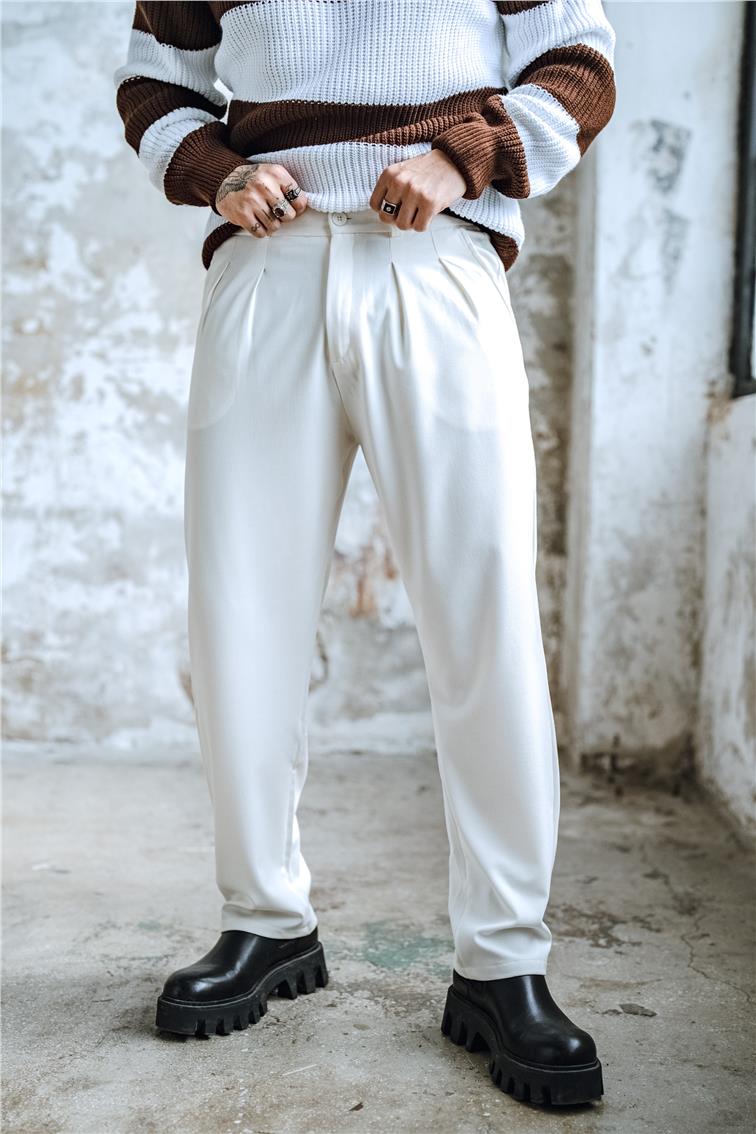 Pliseli Jogger Bel Pantolon Beyaz