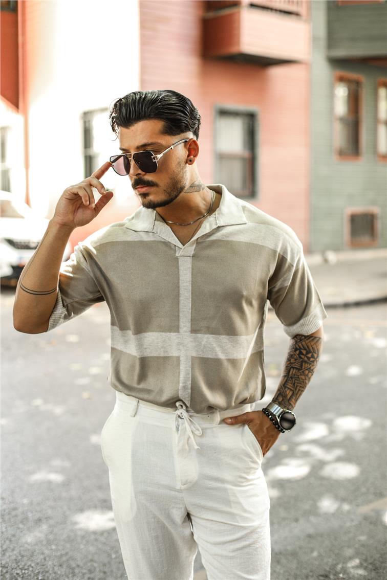 Pola Yaka Şeritli Triko T-Shirt Bej