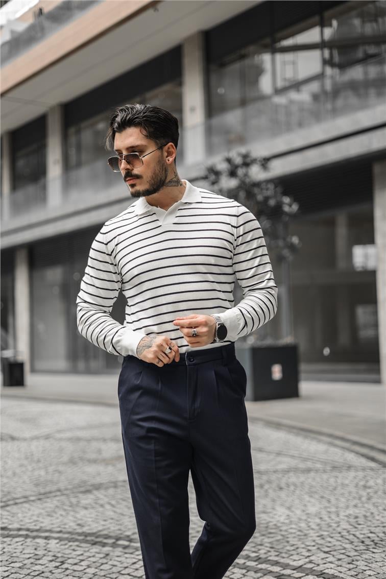 Polo Yaka Çizgili Silim Fit Kazak Beyaz