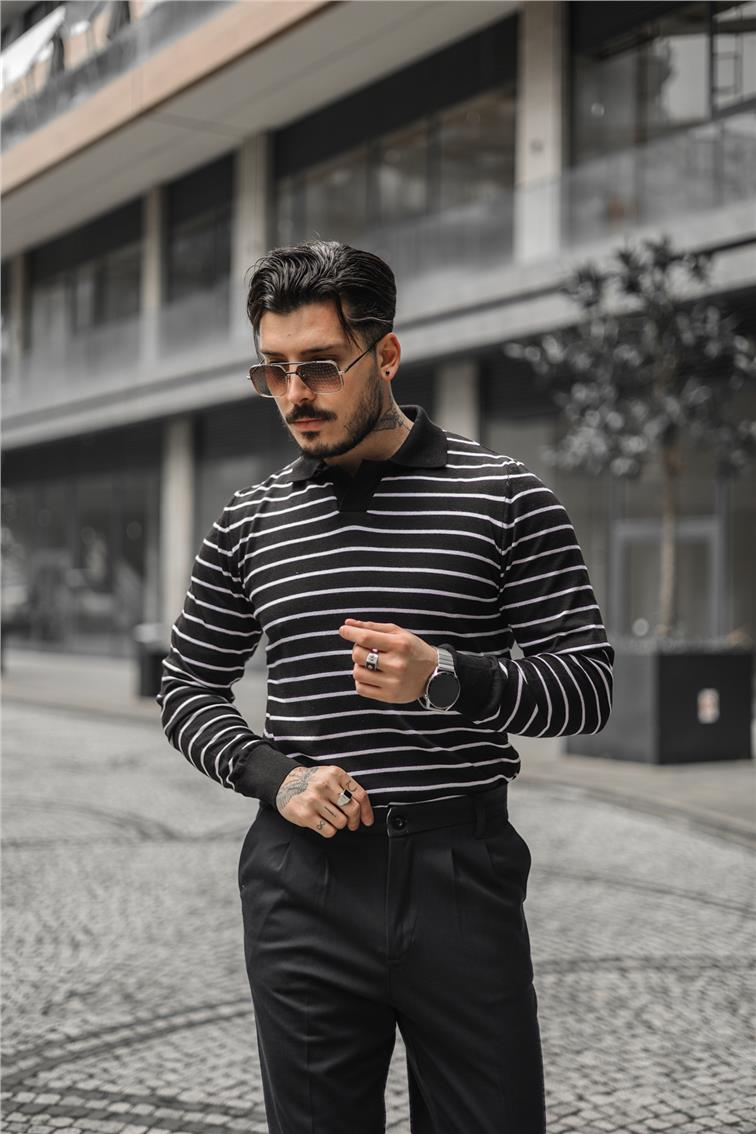 Polo Yaka Çizgili Silim Fit Kazak Siyah
