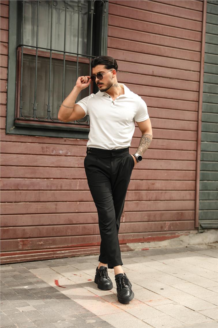 Polo Yaka Düğme Detay Kısa Kol T-Shirt Beyaz