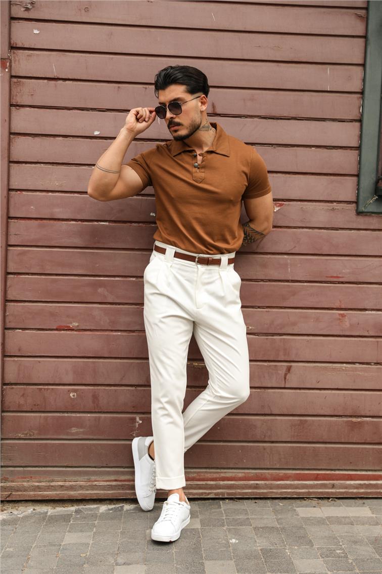 Polo Yaka Düğme Detay Kısa Kol T-Shirt Kahve