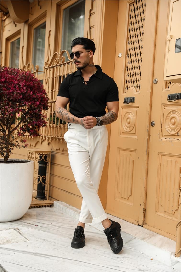 Polo Yaka Düğme Detay Kısa Kol T-Shirt Siyah