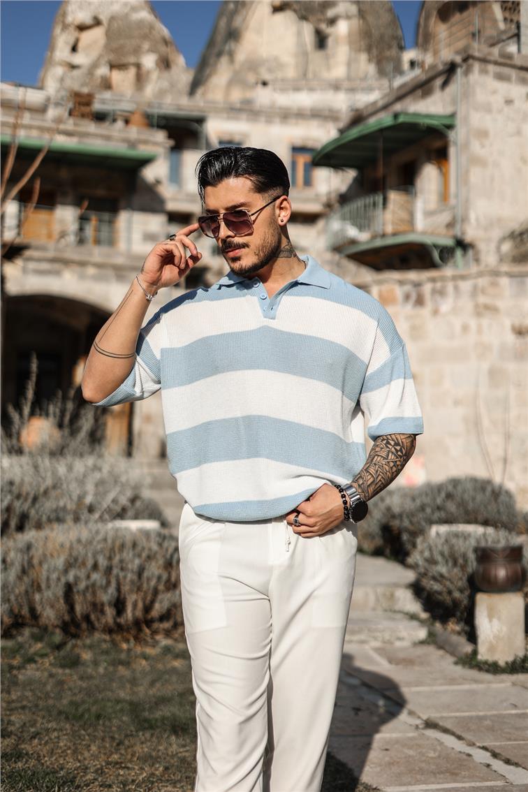 Polo Yaka Düğmeli Örme T-Shirt Açık Mavi