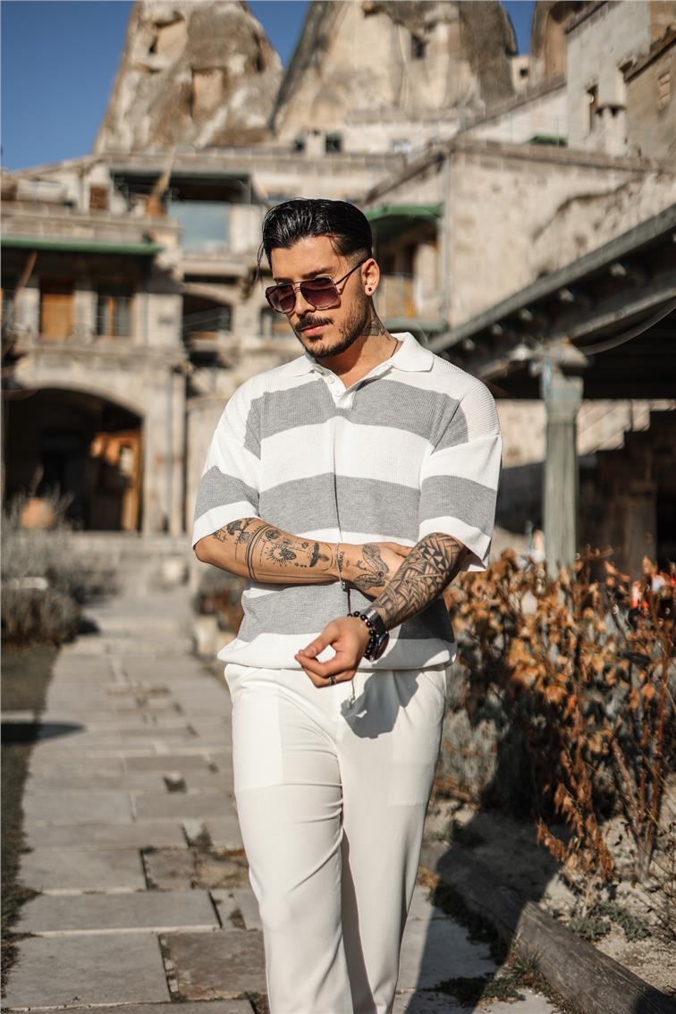 Polo Yaka Düğmeli Örme T-Shirt Gri