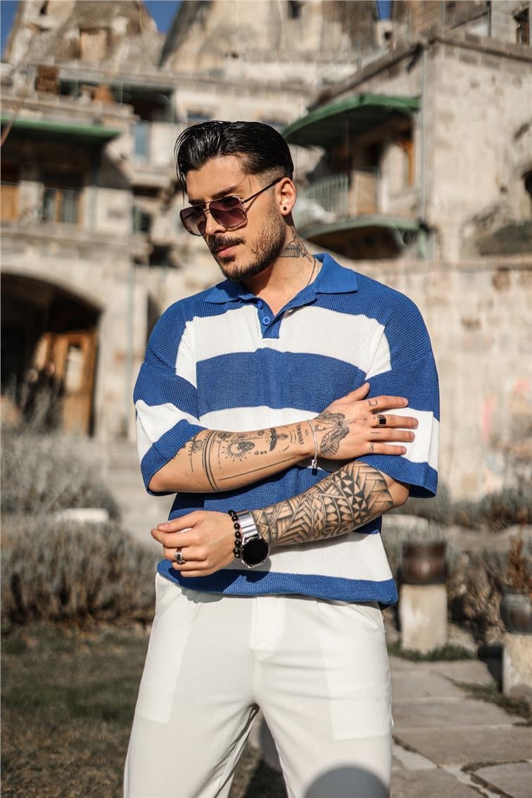 Polo Yaka Düğmeli Örme T-Shirt Koyu Mavi
