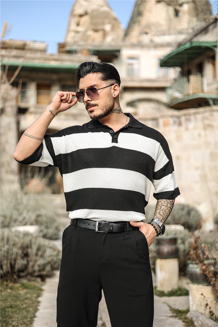 Polo Yaka Düğmeli Örme T-Shirt Siyah