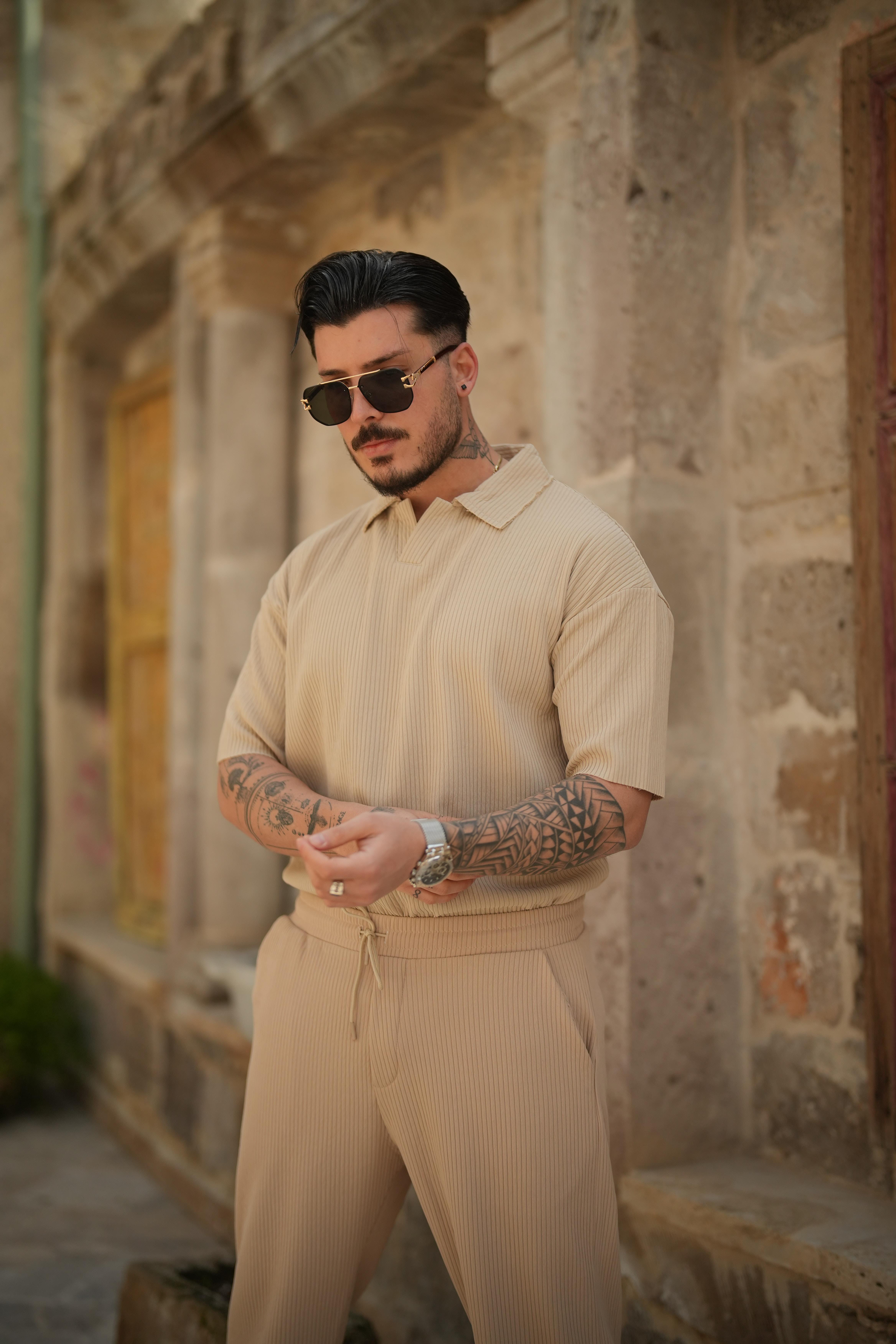 Polo Yaka Fitilii Oversize T-Shirt Bej