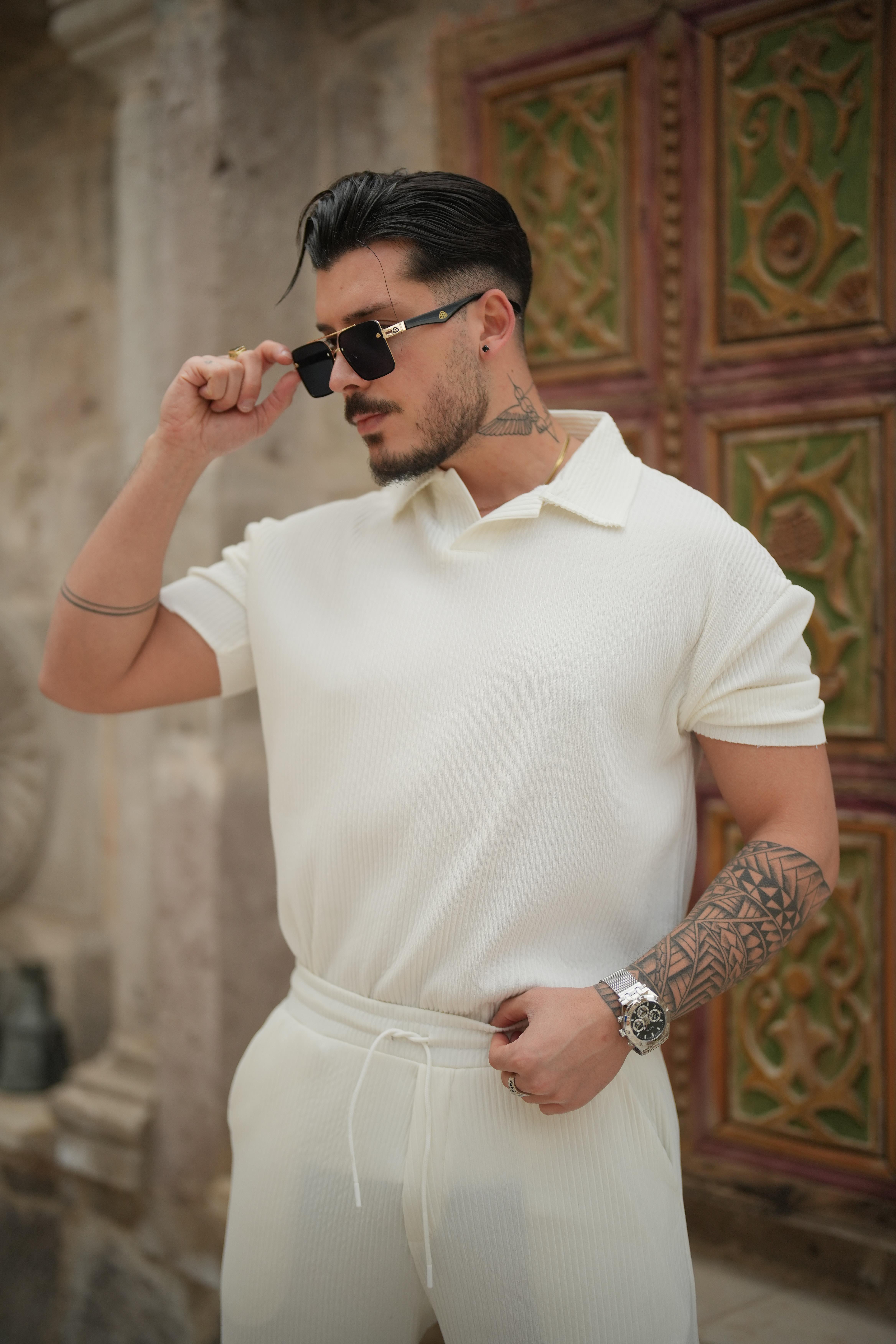 Polo Yaka Fitilii Oversize T-Shirt Beyaz