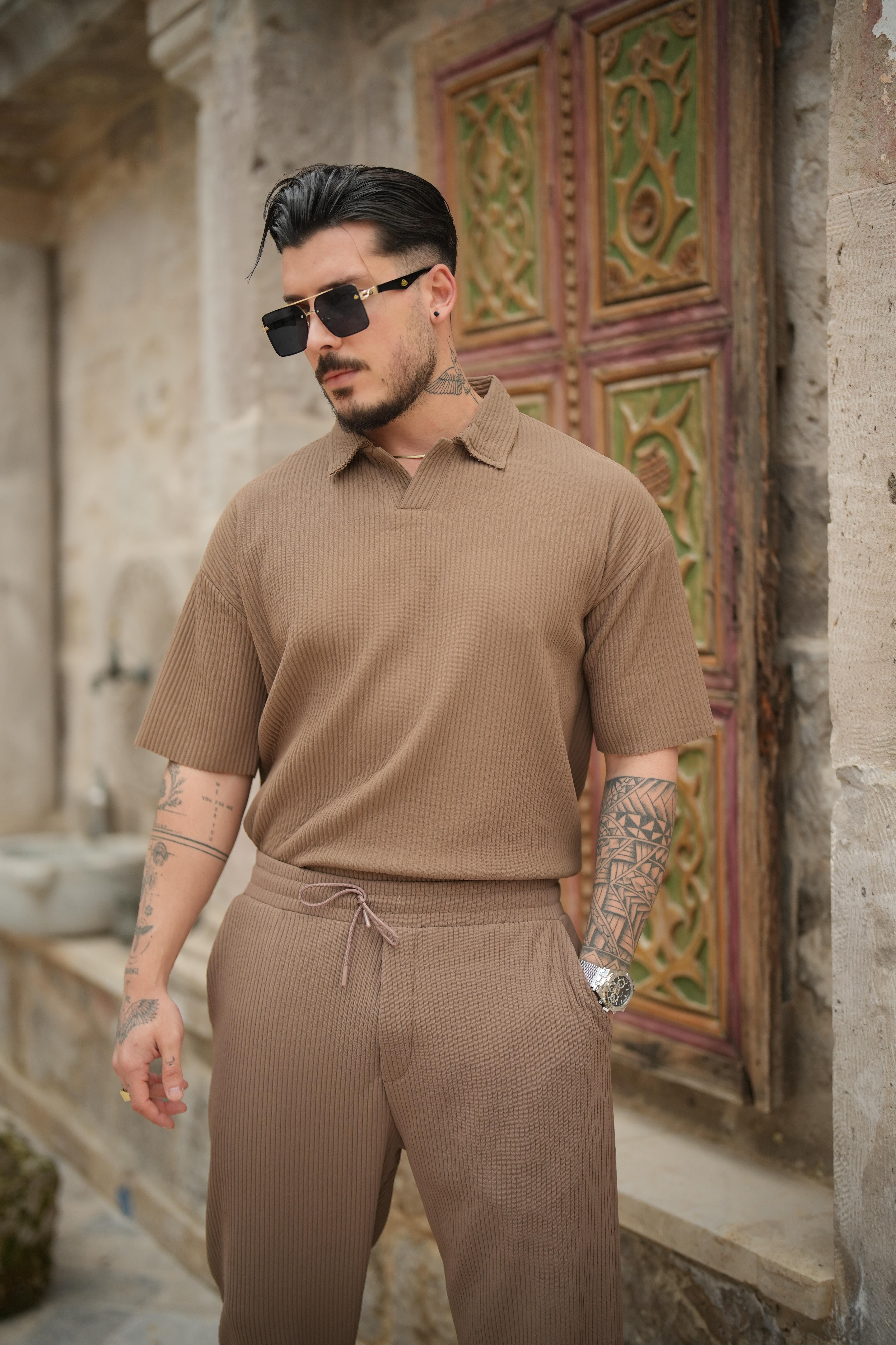 Polo Yaka Fitilii Oversize T-Shirt Kahve
