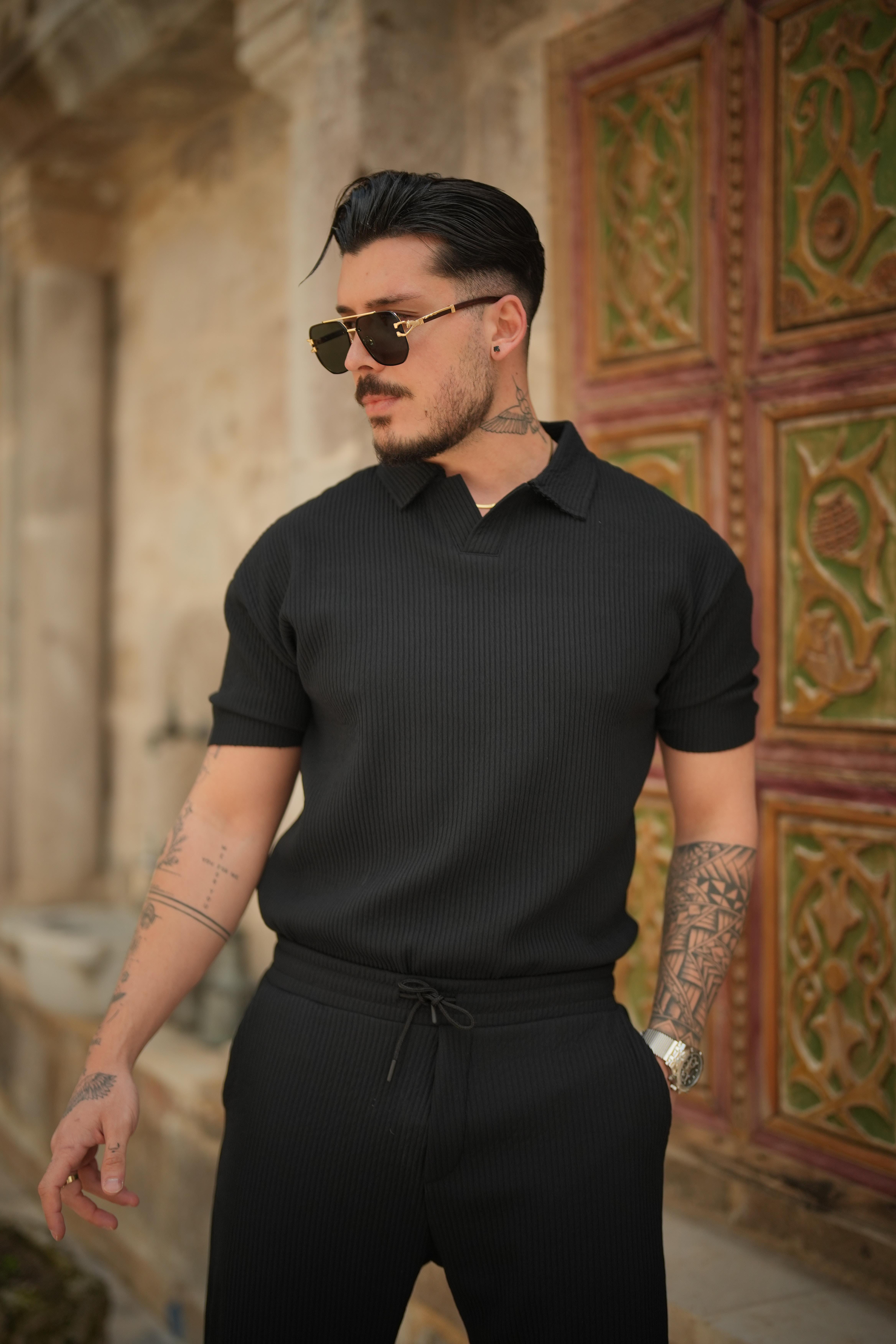 Polo Yaka Fitilii Oversize T-Shirt Siyah