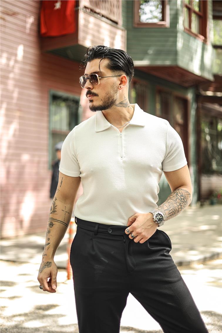 Polo Yaka Fitilli Slim Fit T-Shirt Beyaz