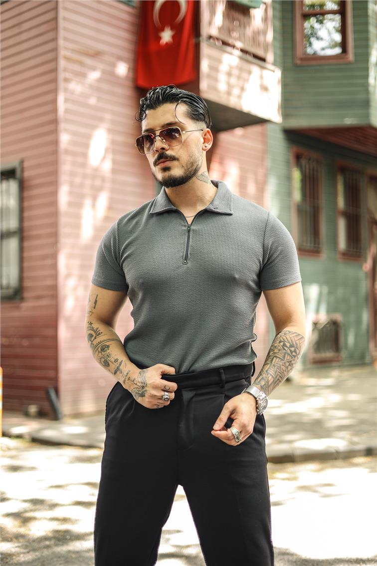 Polo Yaka Fitilli Slim Fit T-Shirt Füme