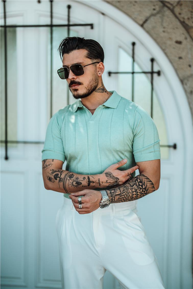 Polo Yaka Geniş Şeritli T-Shirt Mint