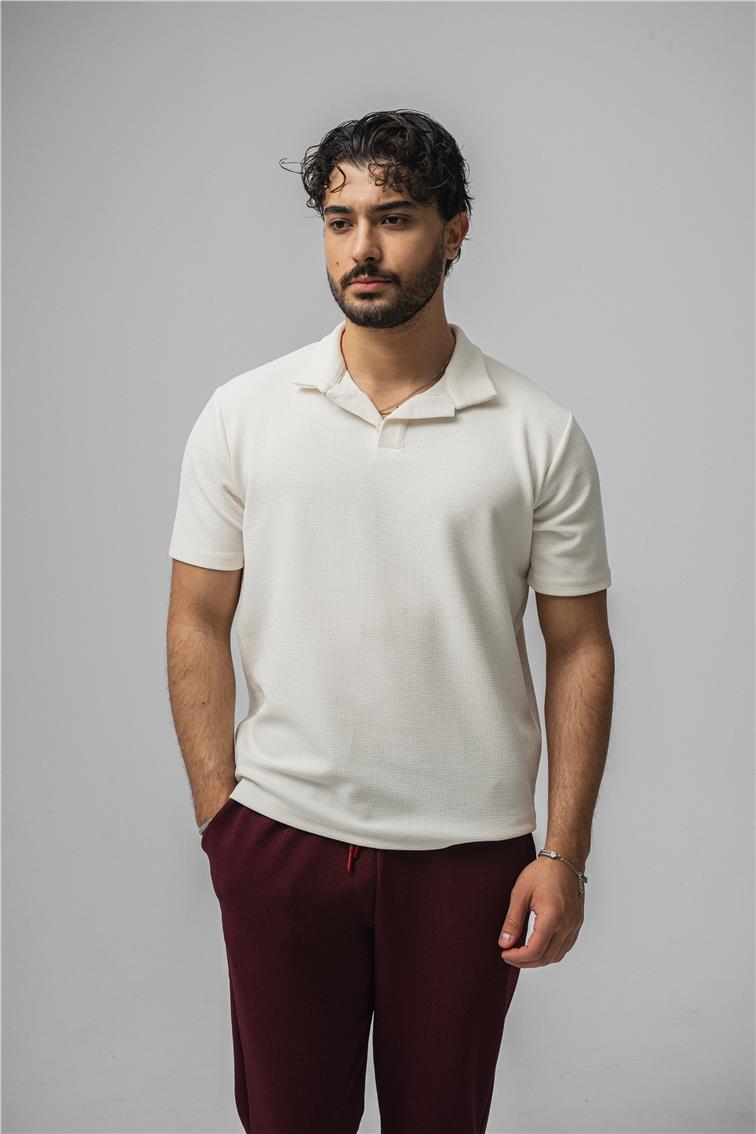 Polo Yaka Gizli Kabartma T-Shirt Krem