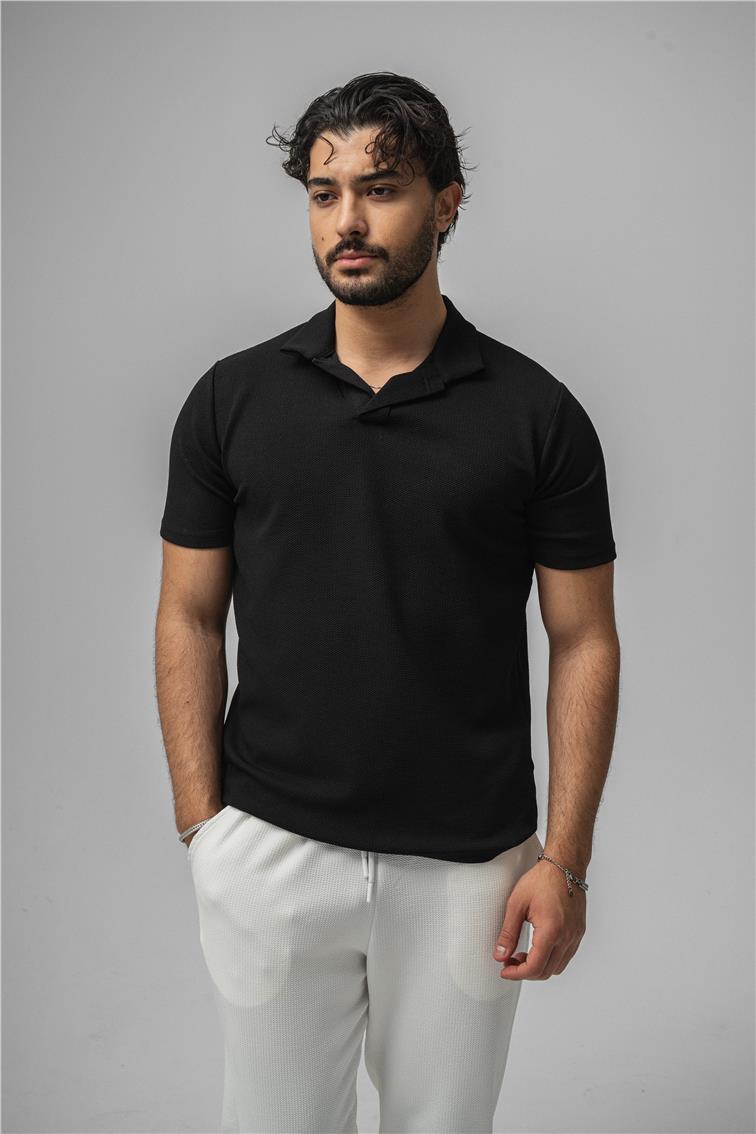 Polo Yaka Gizli Kabartma T-Shirt Siyah