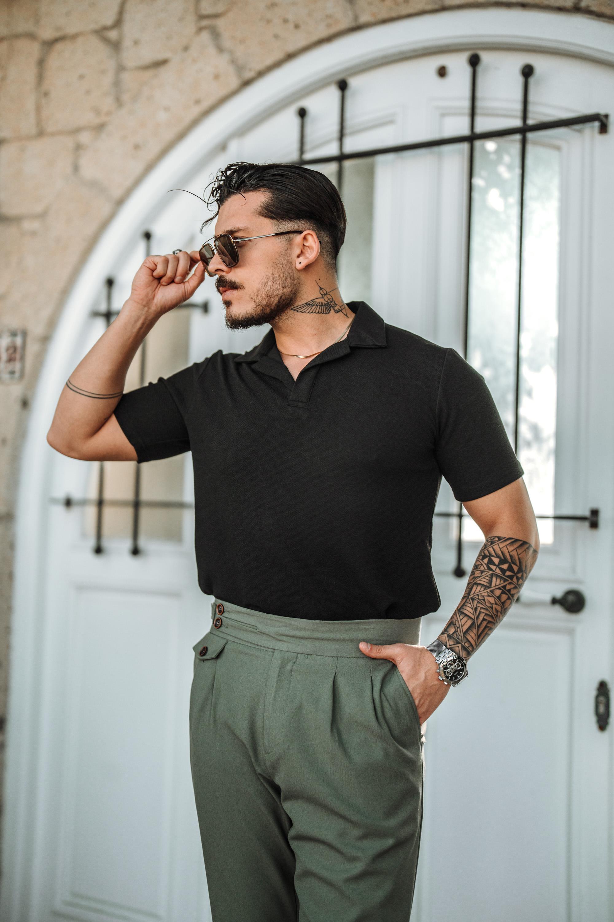 Polo Yaka Kabartma Kumaşlı T-Shirt Siyah