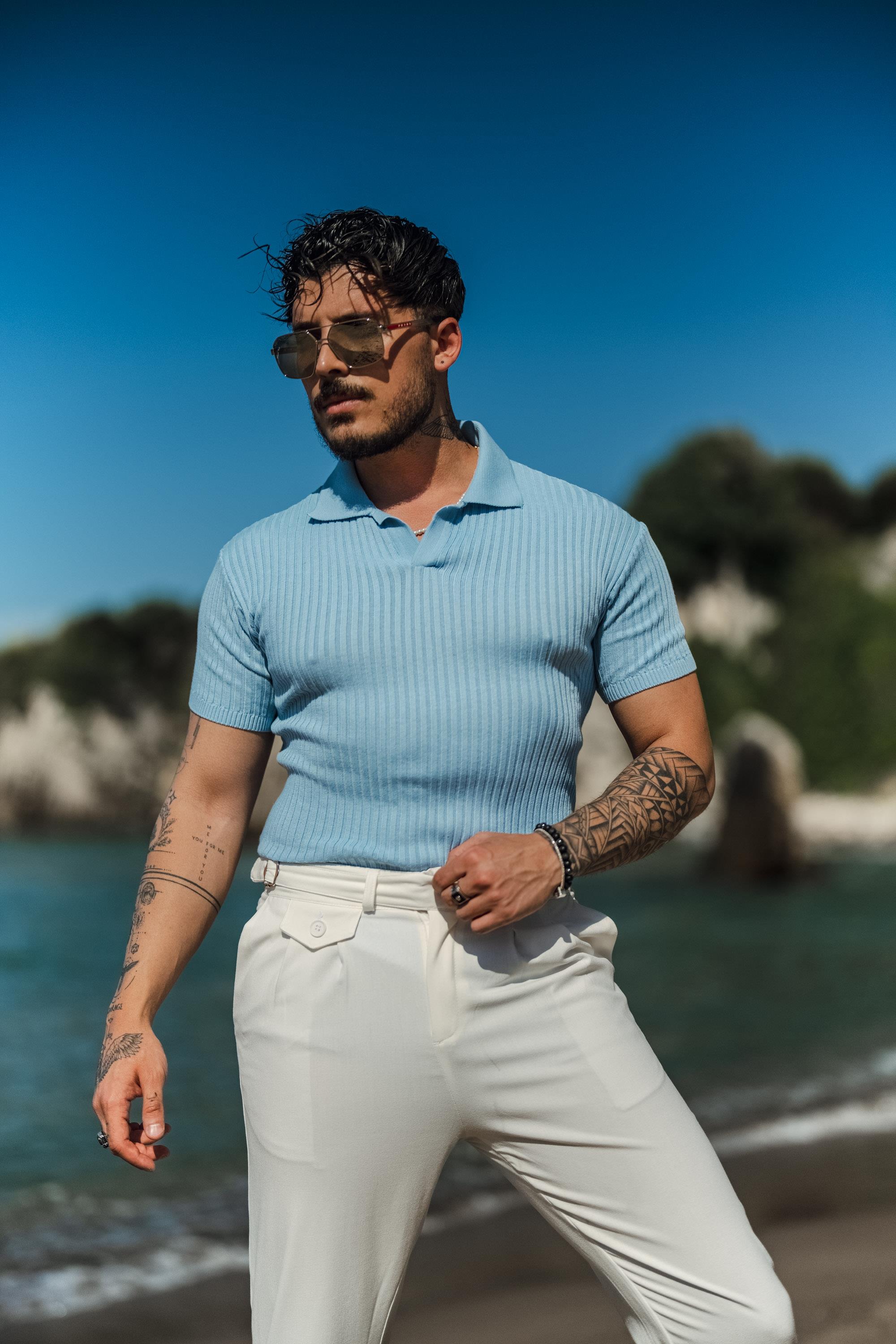 Polo Yaka Kabartmalı Şertili T-Shirt Bebe Mavisi