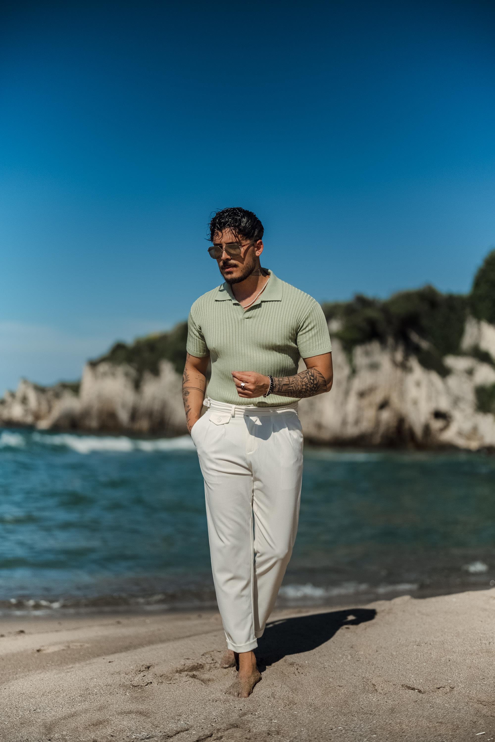 Polo Yaka Kabartmalı Şertili T-Shirt Mint