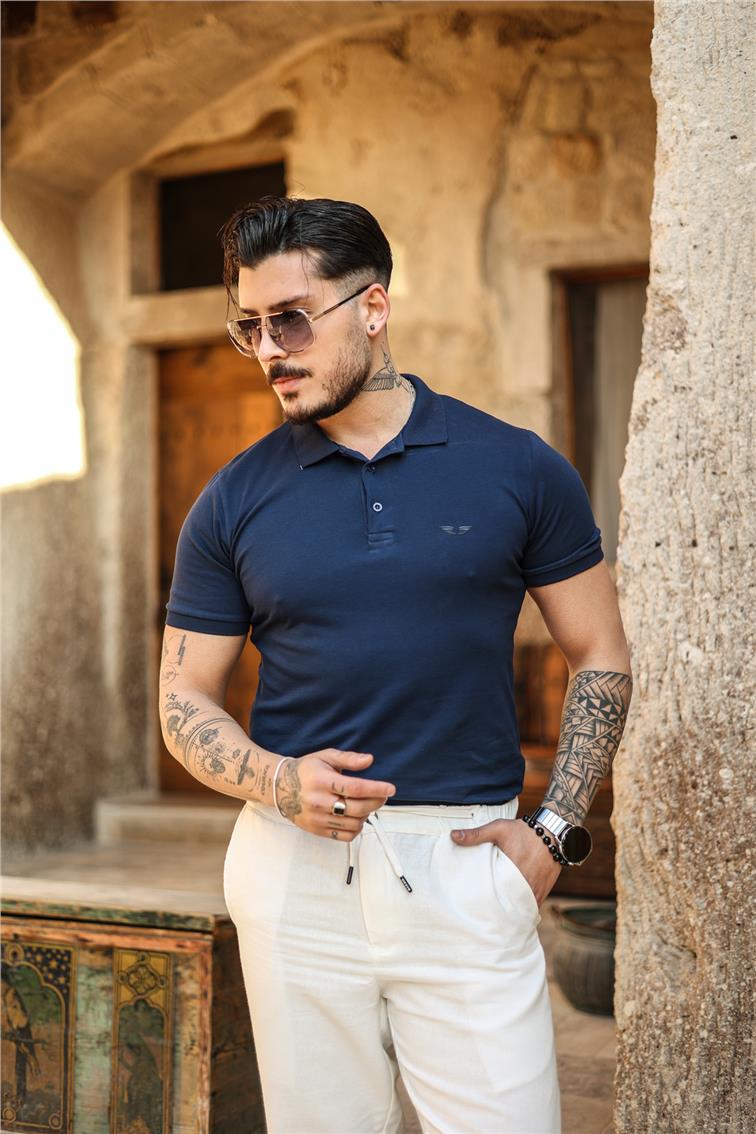 Polo Yaka Minimal Baskılı T-Shirt Lacivert