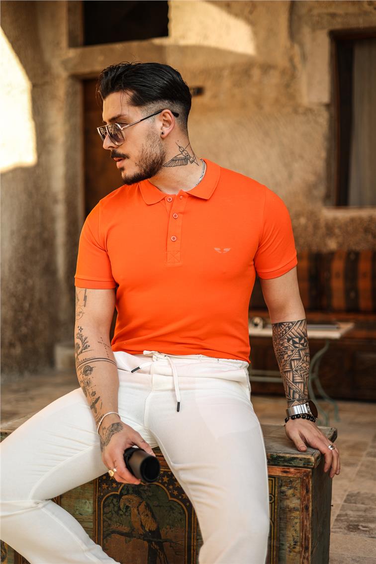 Polo Yaka Minimal Baskılı T-Shirt Turuncu