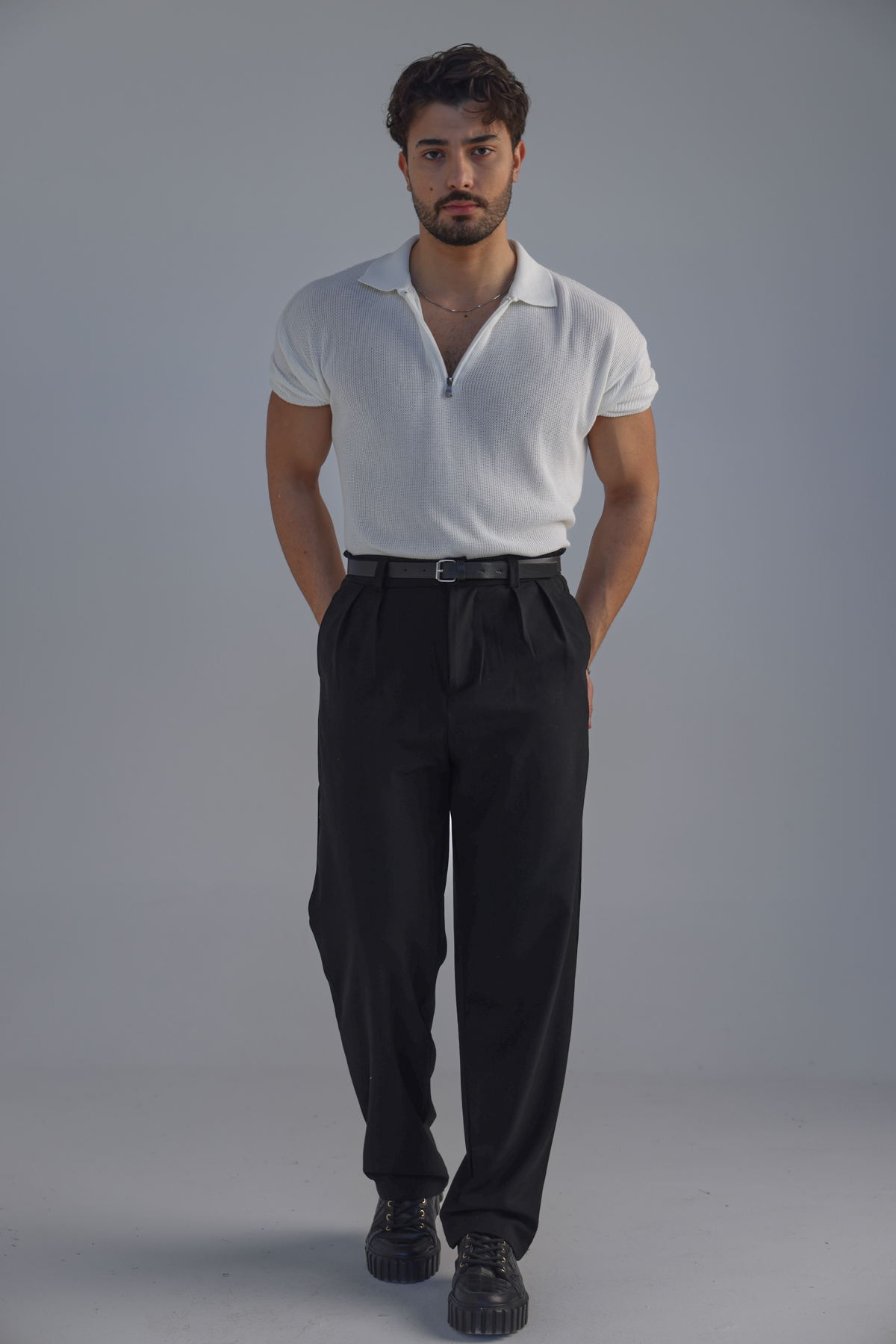 Polo Yaka Oversize Fermuarlı Triko Tshırt Beyaz